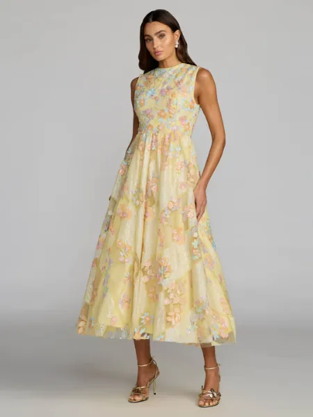 Yellow Sleeveless Embroidered A-Line Midi Dress